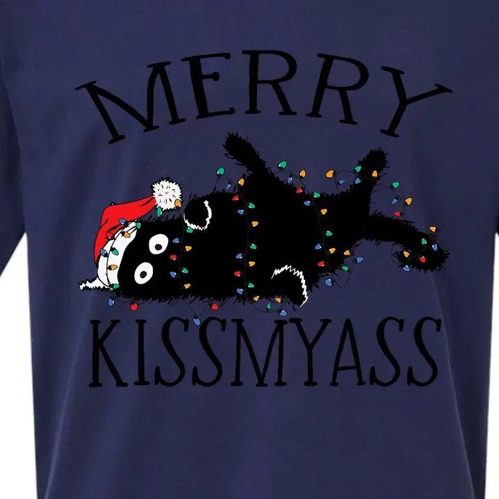 Merry Kissmyass Funny Christmas Cat Tangled In Lights Sueded Cloud Jersey T-Shirt