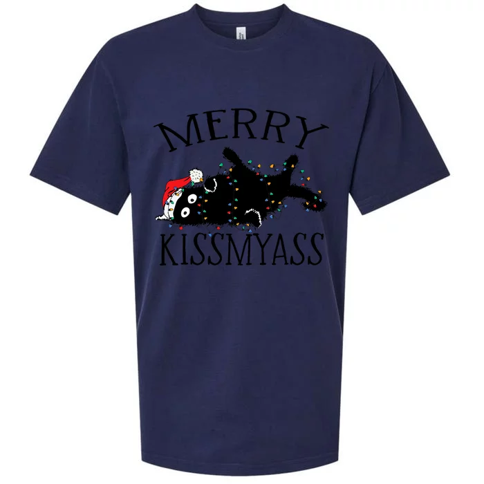 Merry Kissmyass Funny Christmas Cat Tangled In Lights Sueded Cloud Jersey T-Shirt