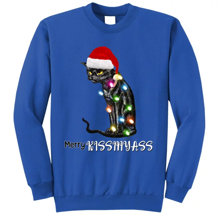 Merry Kissmyass Funny Cat Christmas Lights Tall Sweatshirt