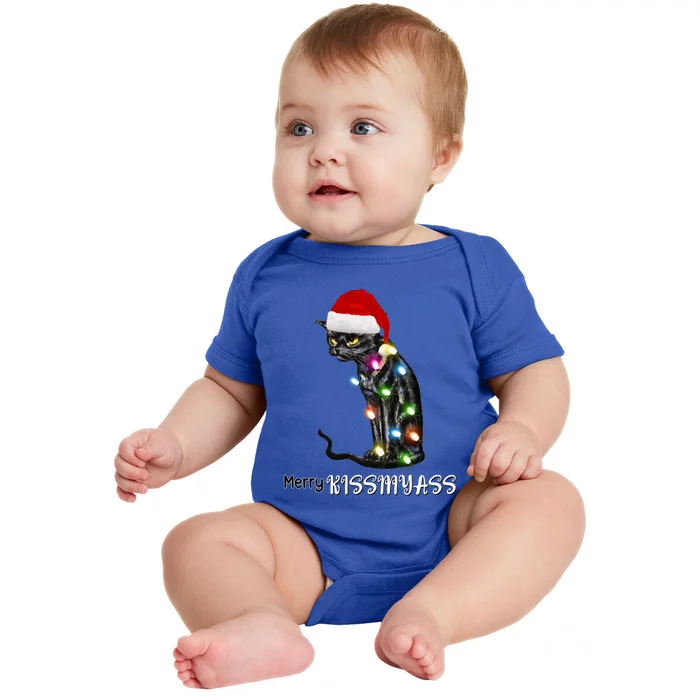 Merry Kissmyass Funny Cat Christmas Lights Baby Bodysuit