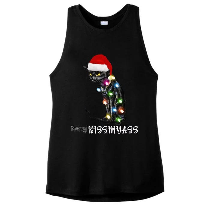 Merry Kissmyass Funny Cat Christmas Lights Ladies Tri-Blend Wicking Tank