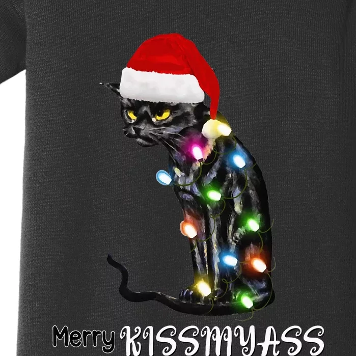 Merry Kissmyass Funny Cat Christmas Lights Baby Bodysuit