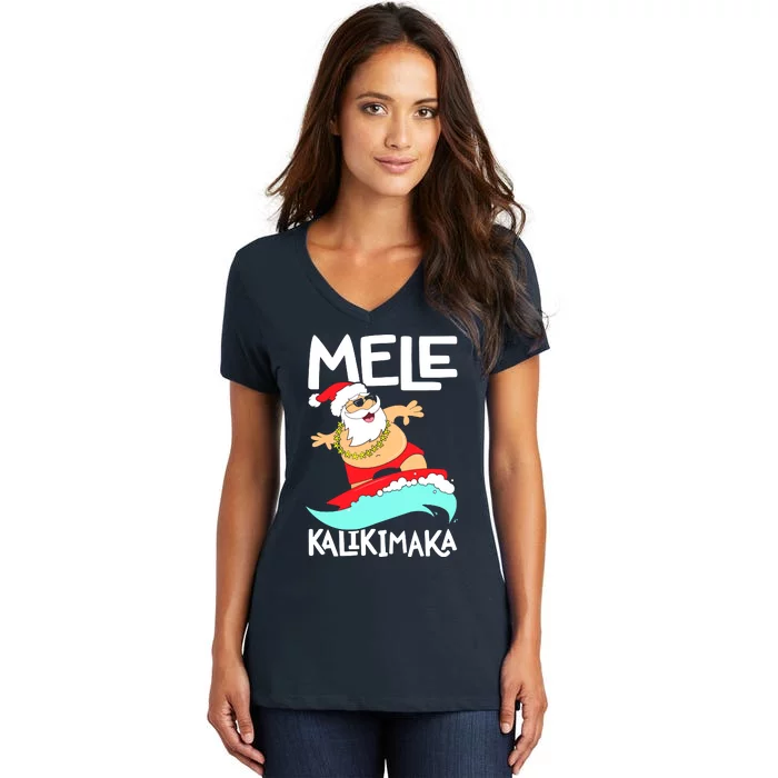 Mele Kalikimaka Hawaiian Christmas Hawaii Surfing Santa Women's V-Neck T-Shirt