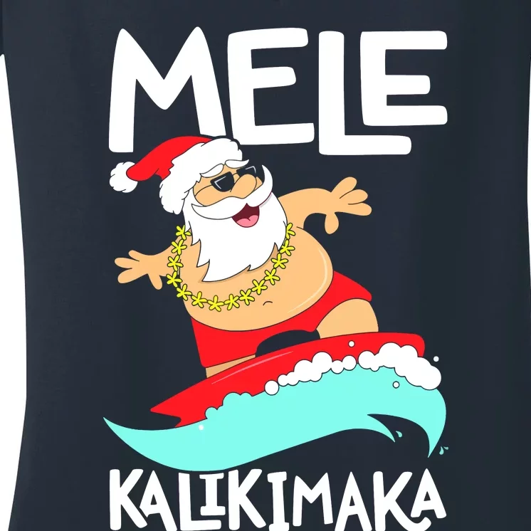 Mele Kalikimaka Hawaiian Christmas Hawaii Surfing Santa Women's V-Neck T-Shirt