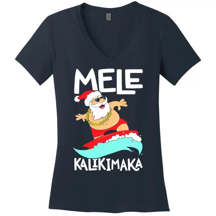 Mele Kalikimaka Hawaiian Christmas Hawaii Surfing Santa Women's V-Neck T-Shirt