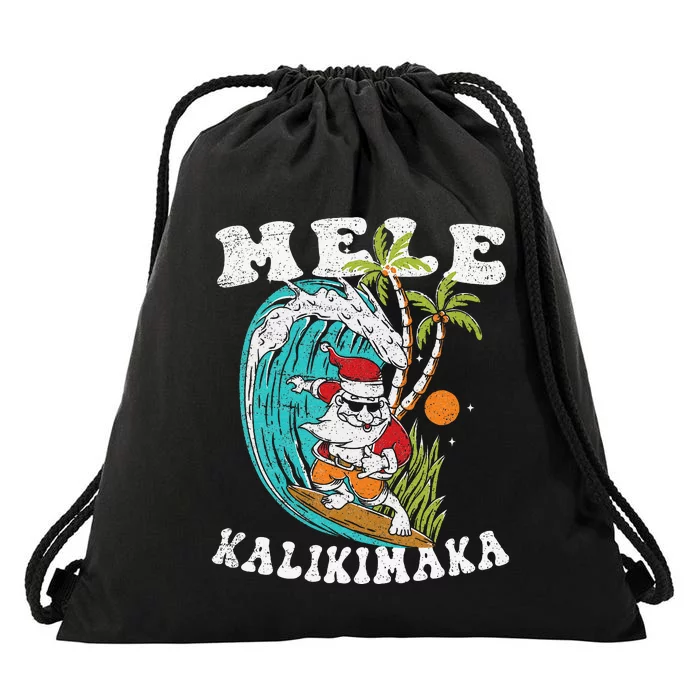 Mele Kalikimaka Hawaii Christmas Surfing Santa Drawstring Bag