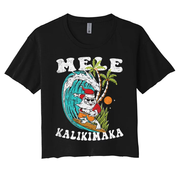 Mele Kalikimaka Hawaii Christmas Surfing Santa Women's Crop Top Tee