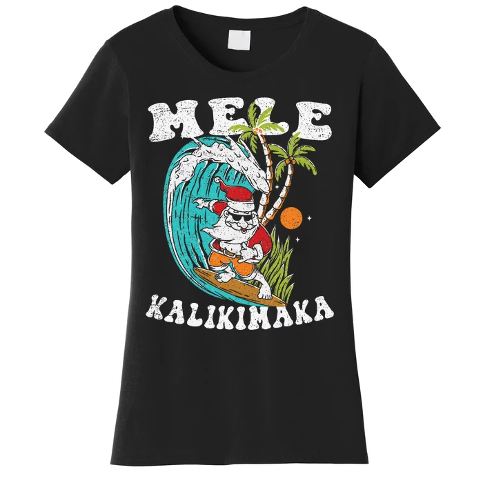 Mele Kalikimaka Hawaii Christmas Surfing Santa Women's T-Shirt