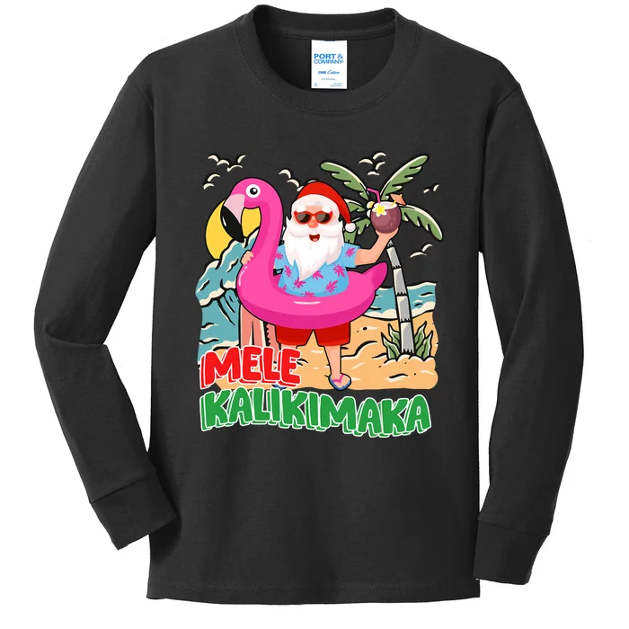 Mele Kalikimaka Hawaiian Christmas In Hawaii Beach Santa Kids Long Sleeve Shirt