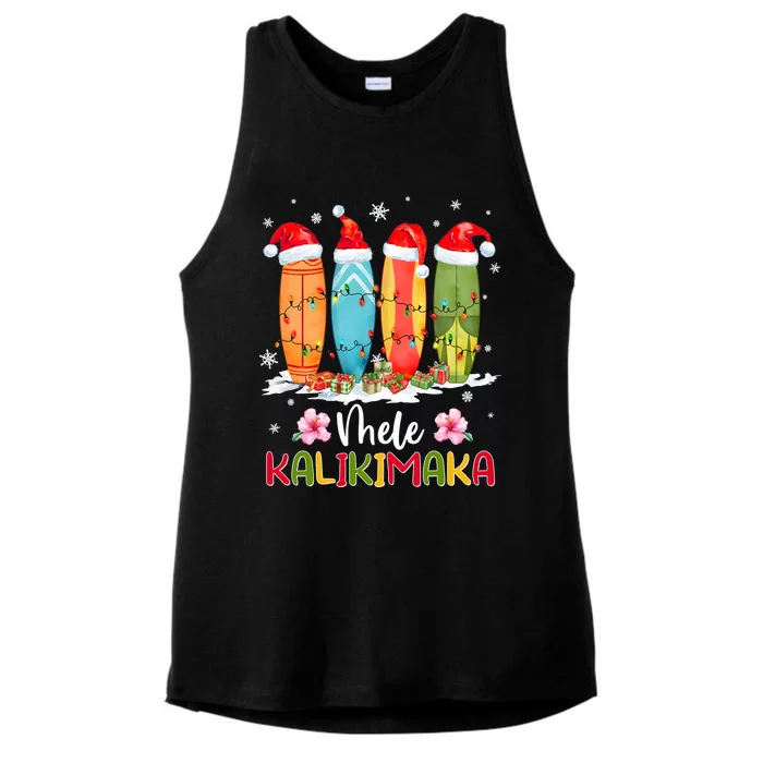 Mele Kalikimaka Hawaii Christmas Beach Surfboard Ladies Tri-Blend Wicking Tank