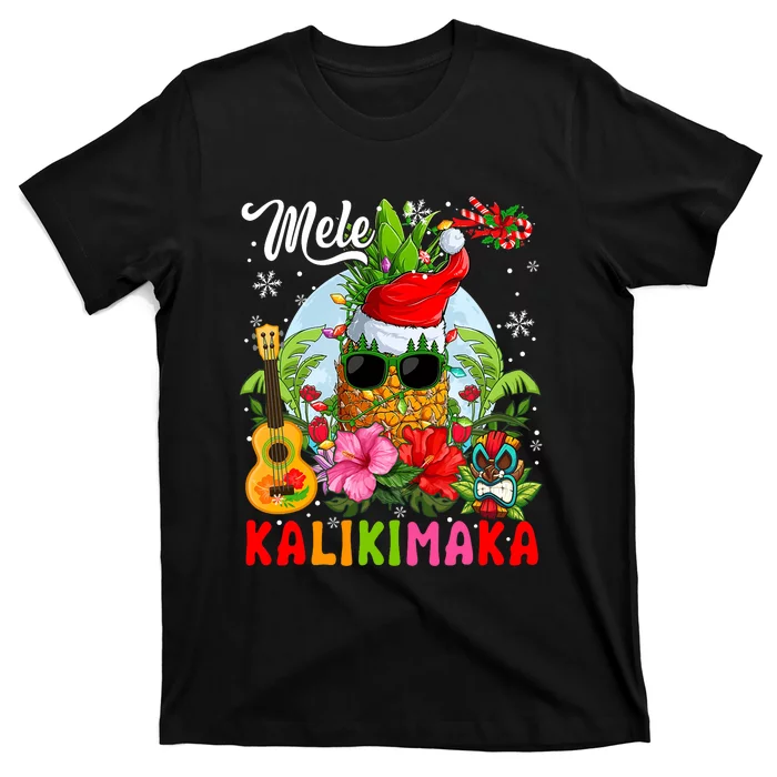 Mele Kalikimaka Hawaiian Floral Santa Pineapple Sunglasses T-Shirt