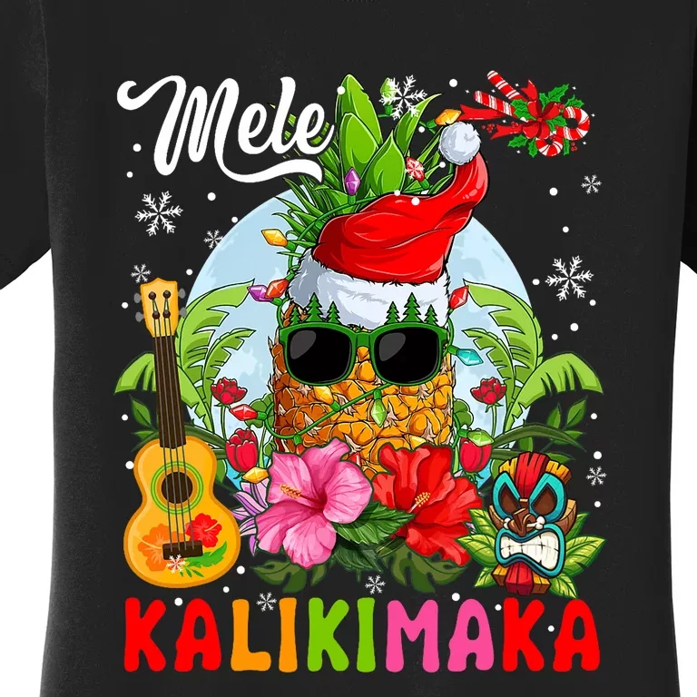 Mele Kalikimaka Hawaiian Floral Santa Pineapple Sunglasses Women's T-Shirt