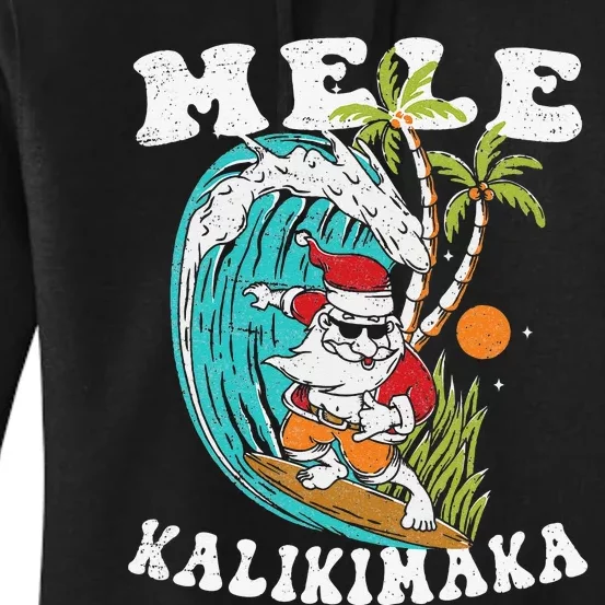 Mele Kalikimaka Hawaii Christmas Surfing Santa Women's Pullover Hoodie