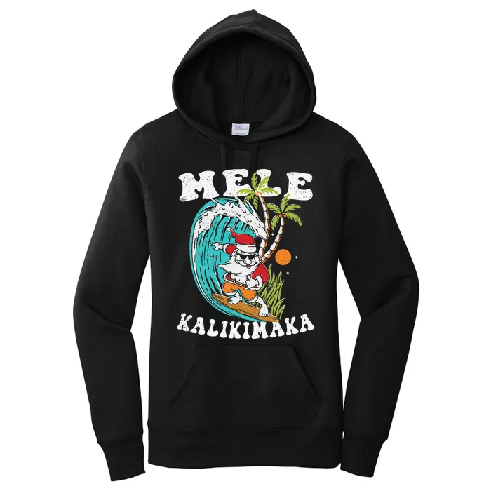 Mele Kalikimaka Hawaii Christmas Surfing Santa Women's Pullover Hoodie