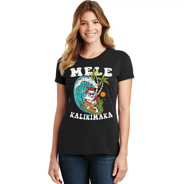 Mele Kalikimaka Hawaii Christmas Surfing Santa Women's T-Shirt