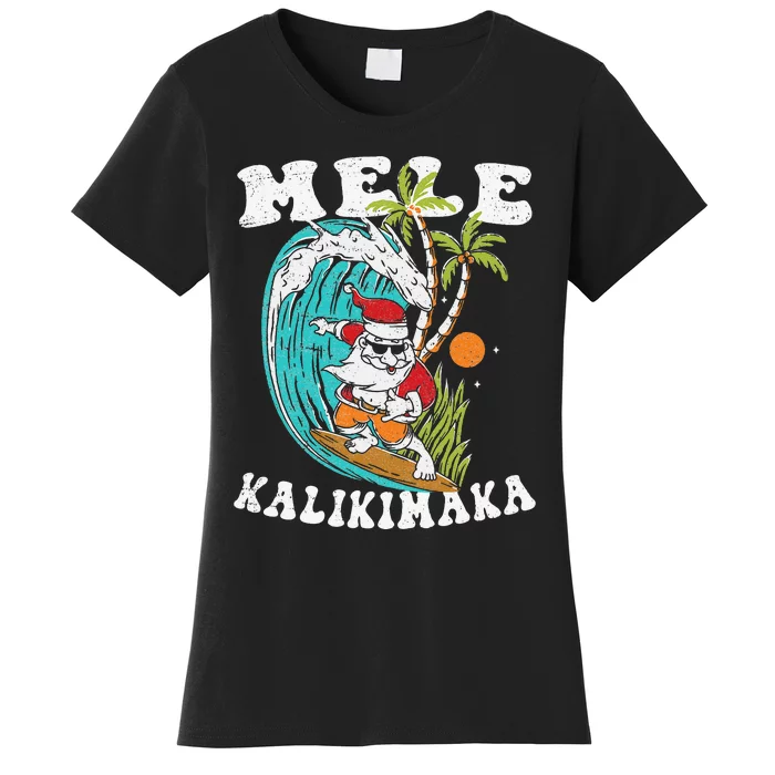 Mele Kalikimaka Hawaii Christmas Surfing Santa Women's T-Shirt