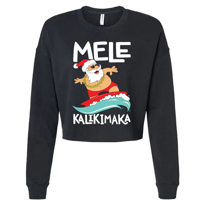 Mele Kalikimaka Hawaiian Christmas Hawaii Surfing Santa Short Sleeve Black Cropped Pullover Crew