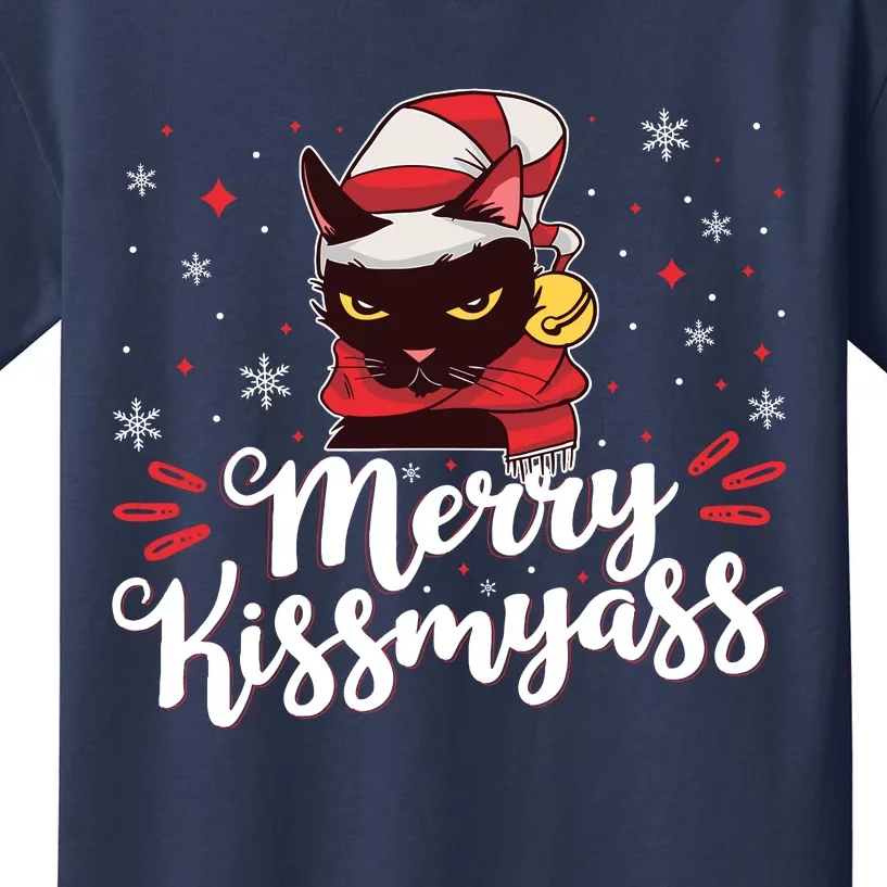 Merry Kissmyass Inappropriate Black Cat Christmas Kids T-Shirt