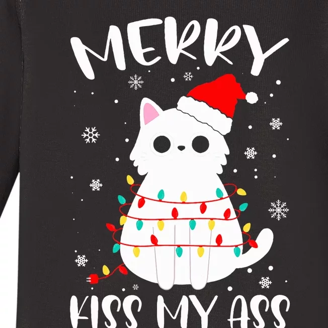 Merry Ki.ss My Ass Christmas Theme Cat Lovers Gifts for Cat Baby Long Sleeve Bodysuit