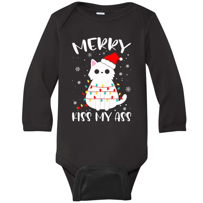 Merry Ki.ss My Ass Christmas Theme Cat Lovers Gifts for Cat Baby Long Sleeve Bodysuit