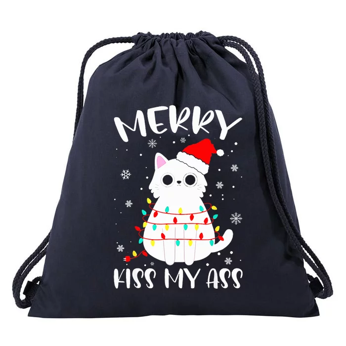 Merry K.iss My Ass Christmas Theme Cat Lovers Gifts for Cat Drawstring Bag