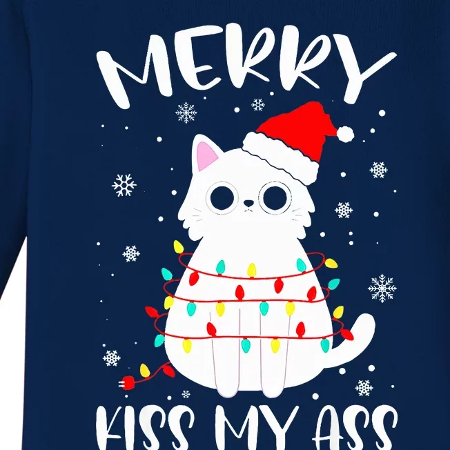 Merry K.iss My Ass Christmas Theme Cat Lovers Gifts for Cat Baby Long Sleeve Bodysuit