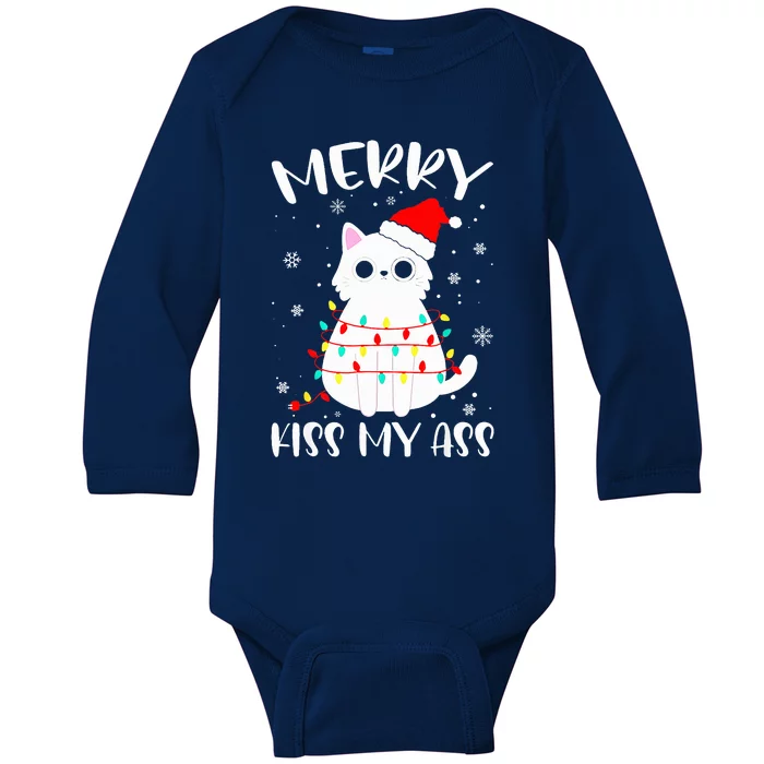 Merry K.iss My Ass Christmas Theme Cat Lovers Gifts for Cat Baby Long Sleeve Bodysuit