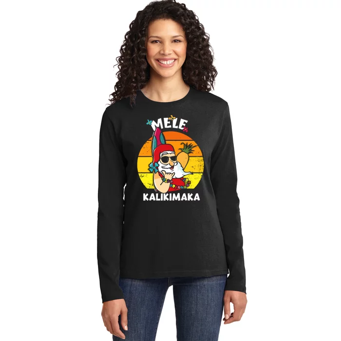 Mele Kalikimaka Retro Tropical Christmas Santa Rock Roll Ladies Long Sleeve Shirt