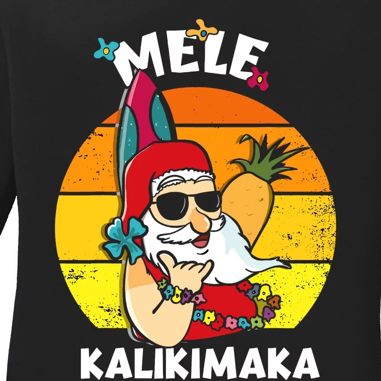 Mele Kalikimaka Retro Tropical Christmas Santa Rock Roll Ladies Long Sleeve Shirt