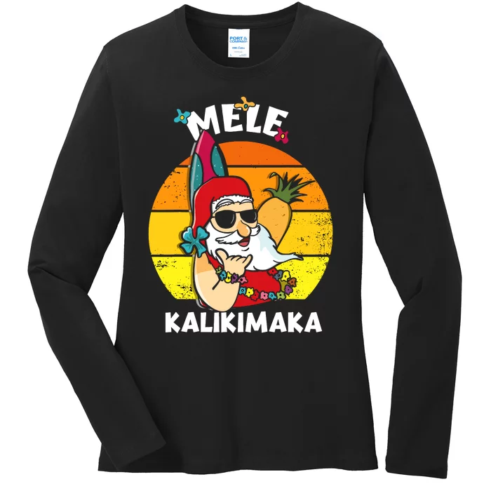 Mele Kalikimaka Retro Tropical Christmas Santa Rock Roll Ladies Long Sleeve Shirt