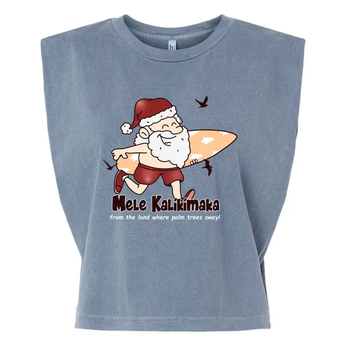 Mele Kalikimaka Santa Claus Surfing Palm Trees Christmas Garment-Dyed Women's Muscle Tee