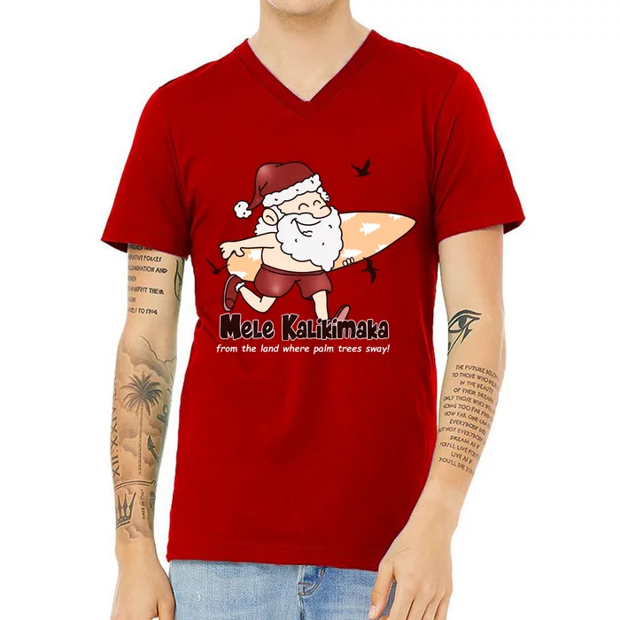 Mele Kalikimaka Santa Claus Surfing Palm Trees Christmas V-Neck T-Shirt