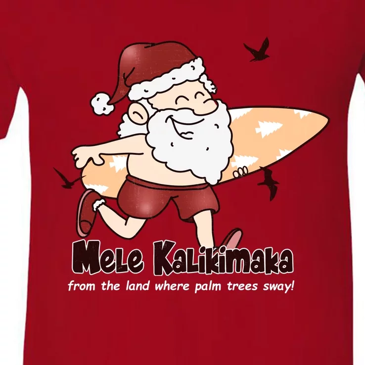 Mele Kalikimaka Santa Claus Surfing Palm Trees Christmas V-Neck T-Shirt