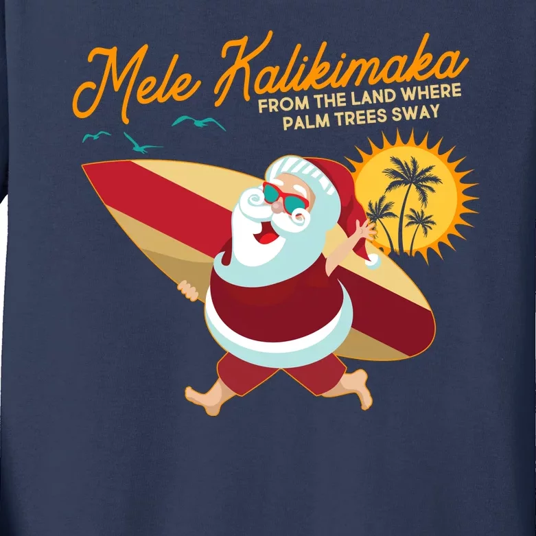 Mele Kalikimaka Surfer Santa Claus Kids Long Sleeve Shirt