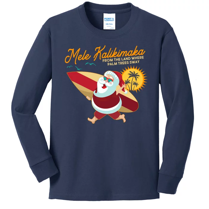 Mele Kalikimaka Surfer Santa Claus Kids Long Sleeve Shirt