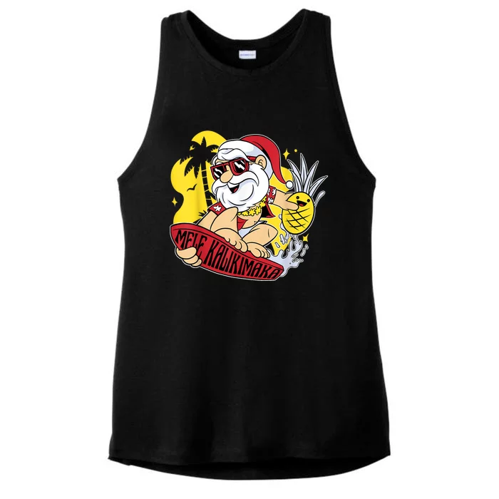 Mele Kalikimaka Santa Hawaiian Christmas In July Gifts Ladies Tri-Blend Wicking Tank