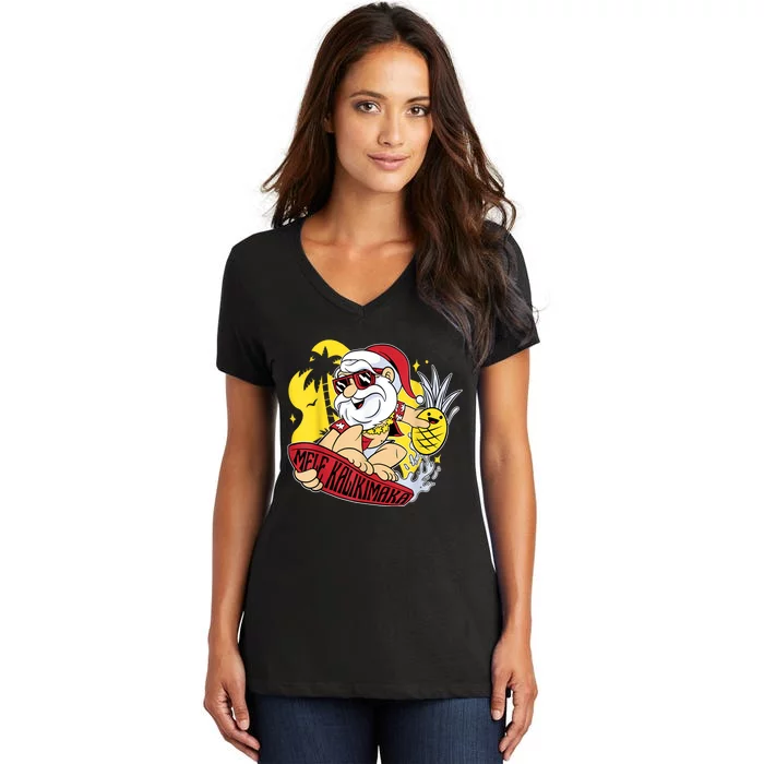 Mele Kalikimaka Santa Hawaiian Christmas In July Gifts Women's V-Neck T-Shirt