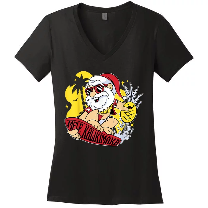 Mele Kalikimaka Santa Hawaiian Christmas In July Gifts Women's V-Neck T-Shirt