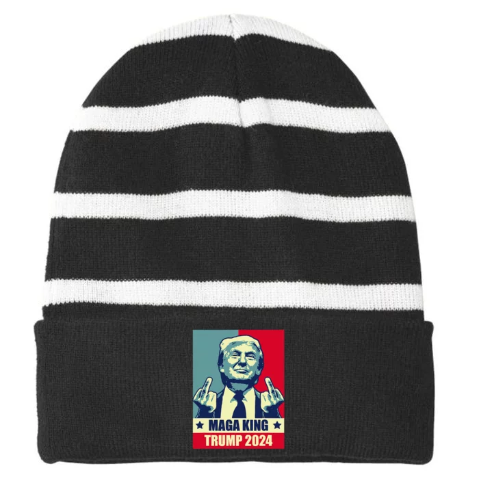 Maga King Trump 2024 Usa Trump Flipping Off American Flag Striped Beanie with Solid Band