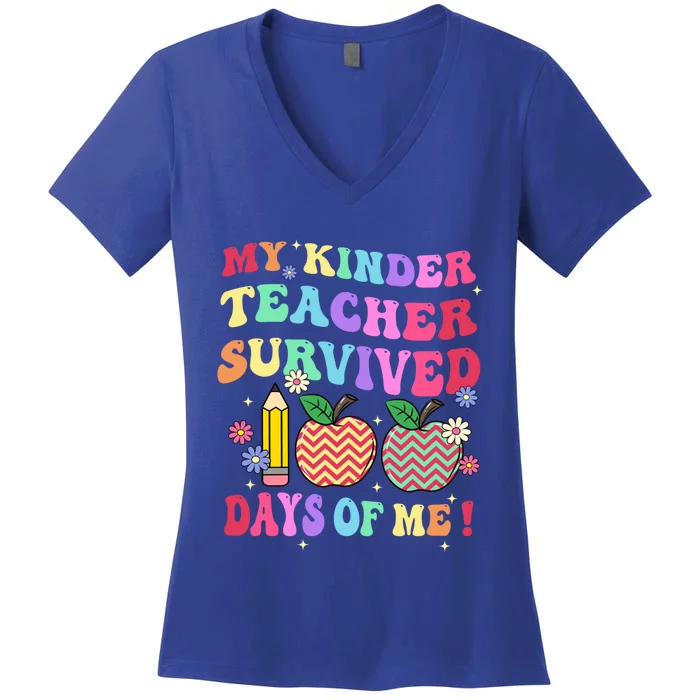 My Kindergarten Teacher Survived 100 Days Of Me Fun School Gift Women's V-Neck T-Shirt