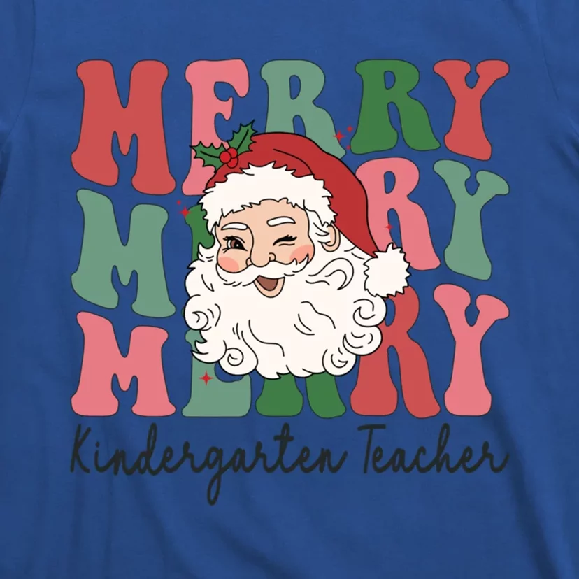 Merry Kindergarten Teacher Retro Groovy Santa Face Christmas Funny Gift T-Shirt