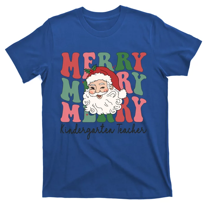 Merry Kindergarten Teacher Retro Groovy Santa Face Christmas Funny Gift T-Shirt