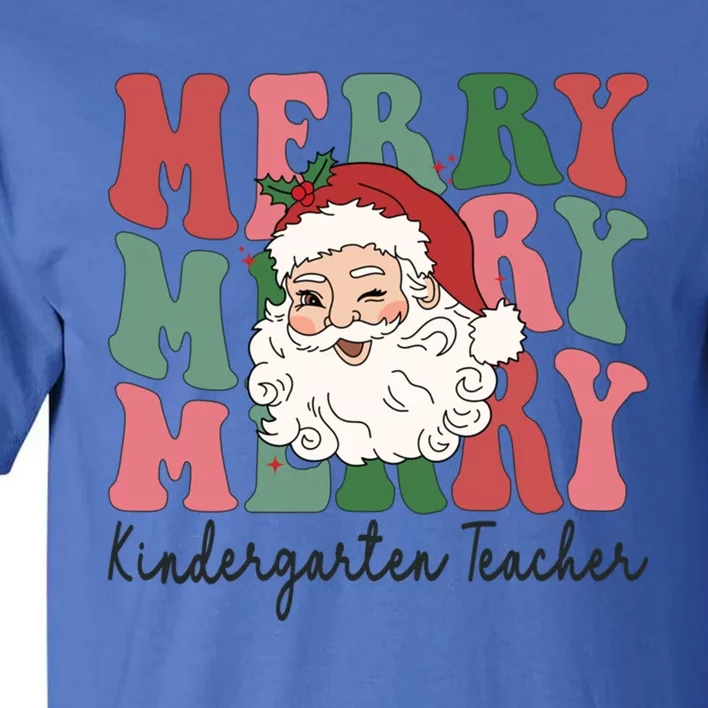 Merry Kindergarten Teacher Retro Groovy Santa Face Christmas Funny Gift Tall T-Shirt