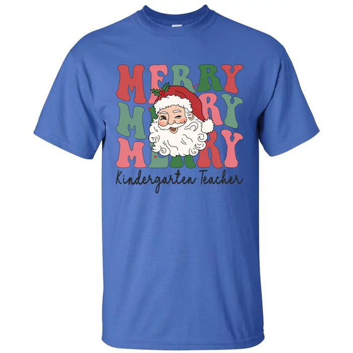 Merry Kindergarten Teacher Retro Groovy Santa Face Christmas Funny Gift Tall T-Shirt