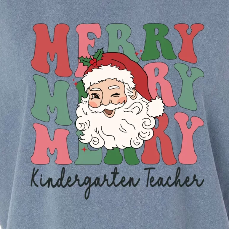 Merry Kindergarten Teacher Retro Groovy Santa Face Christmas Funny Gift Garment-Dyed Women's Muscle Tee