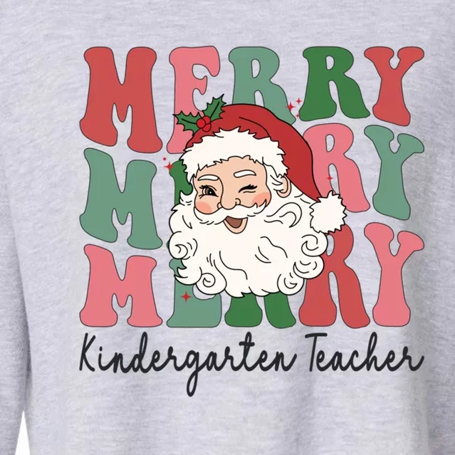 Merry Kindergarten Teacher Retro Groovy Santa Face Christmas Funny Gift Cropped Pullover Crew