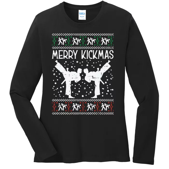 Merry Kickmas Ugly Christmas Karate Jiu Jitsu Martial Gift Ladies Long Sleeve Shirt