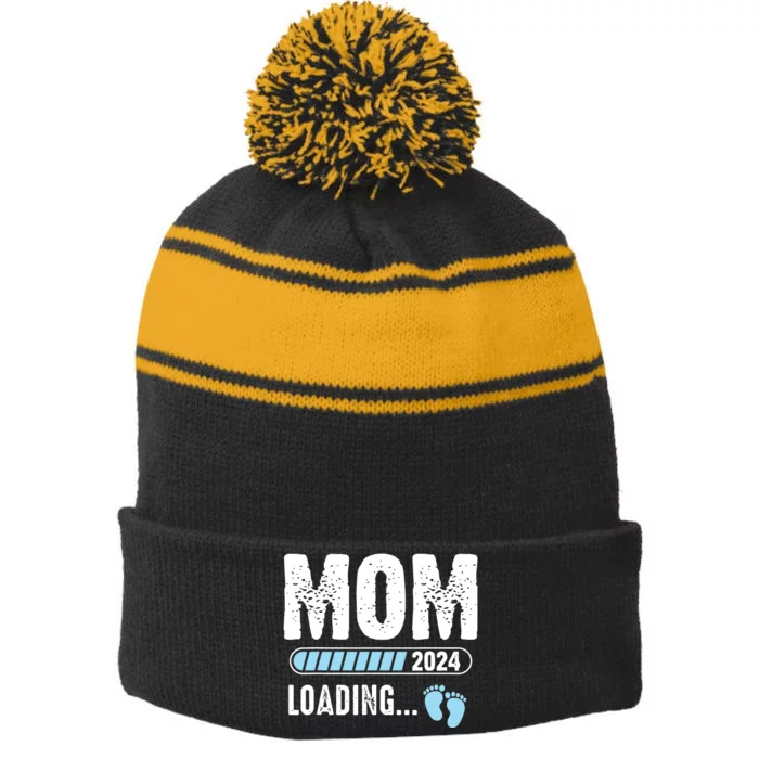 Mom Loading 2024 Funny Baby Announcement Soon To Be Mommy Stripe Pom Pom Beanie