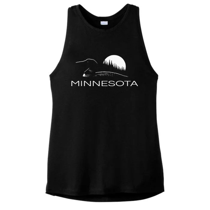 Minnesota Loon And Trees In Moonlight Ladies Tri-Blend Wicking Tank