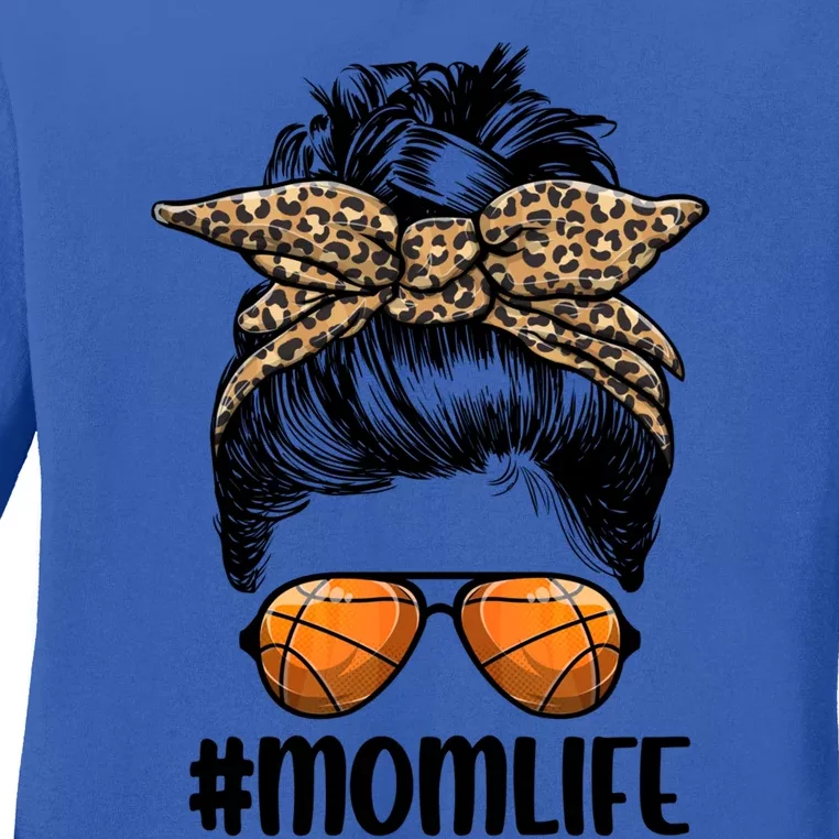 Mom Life Basketball Mom Gift Leopard Messy Bun Game Day Funny Gift Ladies Long Sleeve Shirt